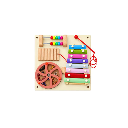 Wooden Musical Toy Activity Board for Toddlers – 8-Note Xylophone, Bead Counter, Spinning Bead Wheel & Slider Panel (28 x 28 cm)