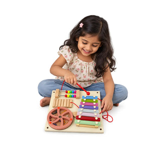 Wooden Musical Toy Activity Board for Toddlers – 8-Note Xylophone, Bead Counter, Spinning Bead Wheel & Slider Panel (28 x 28 cm)