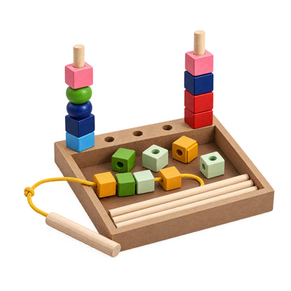 Wooden Lacing Toys Bead Threading & Peg Stacking Set with Colorful Shapes | Wooden Toys for Kids | Cord and Storage Tray (18 x 18 cm)