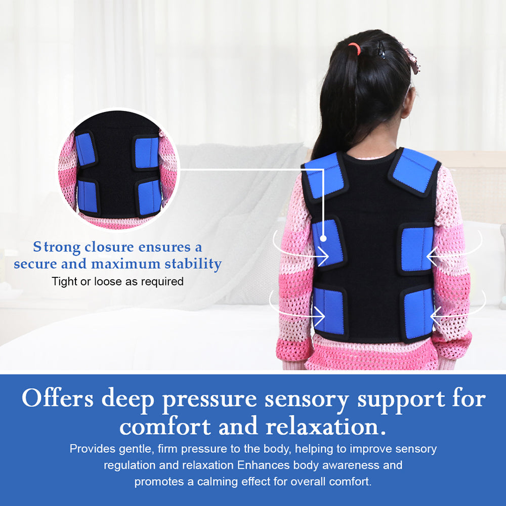 Ableys compression vest for sensory needs on child from back showing blue pressure panels and adjustable closures