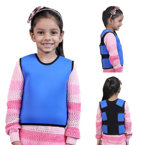 Ableys blue compression vest for sensory needs worn by smiling child showing front side and back views