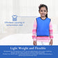 Ableys blue compression vest for sensory needs worn by smiling child over sweater in bedroom