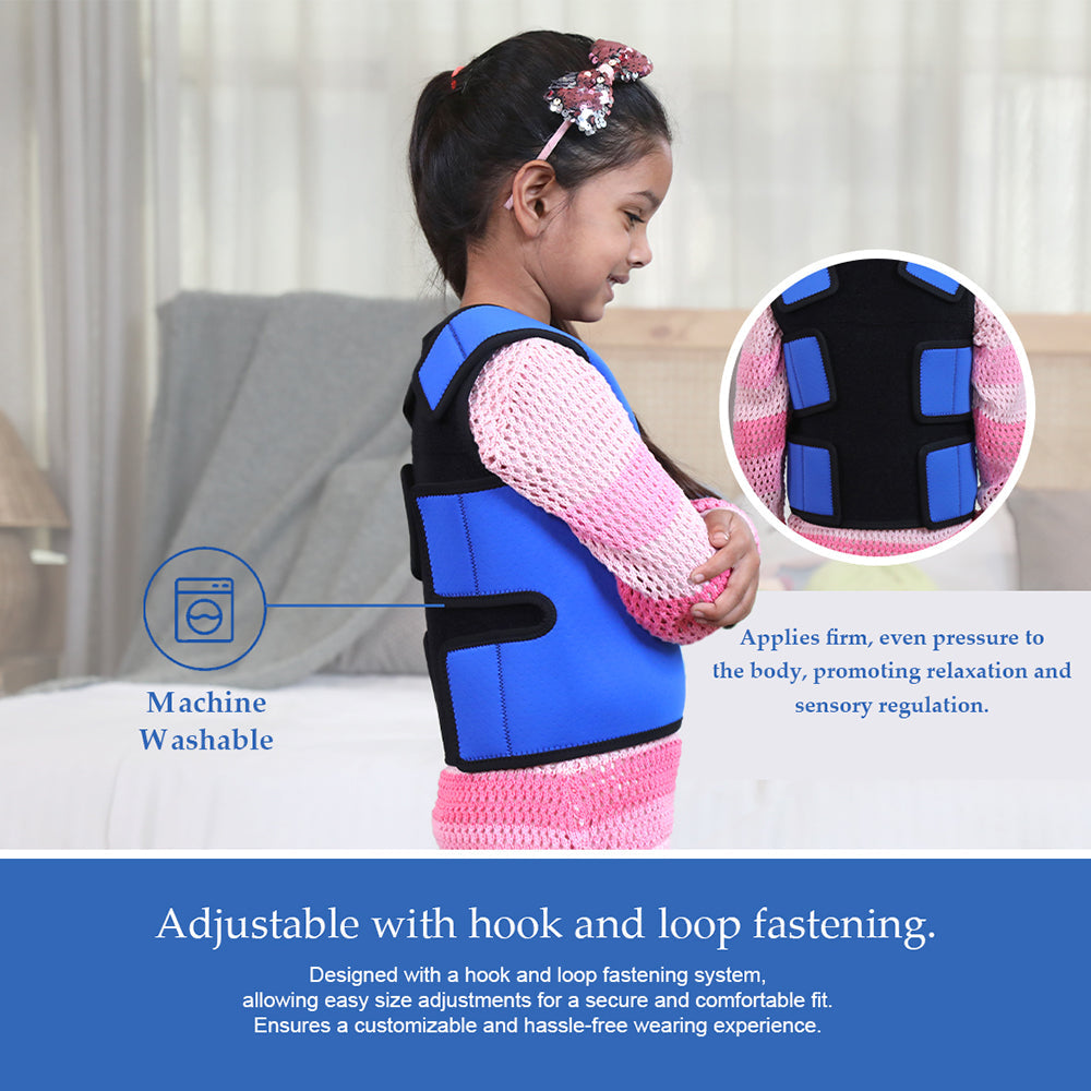 Ableys blue adjustable compression vest for sensory needs worn by a child showing hook and loop fastening