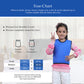 Ableys compression vest for sensory needs worn by smiling child with size chart and measurement guide