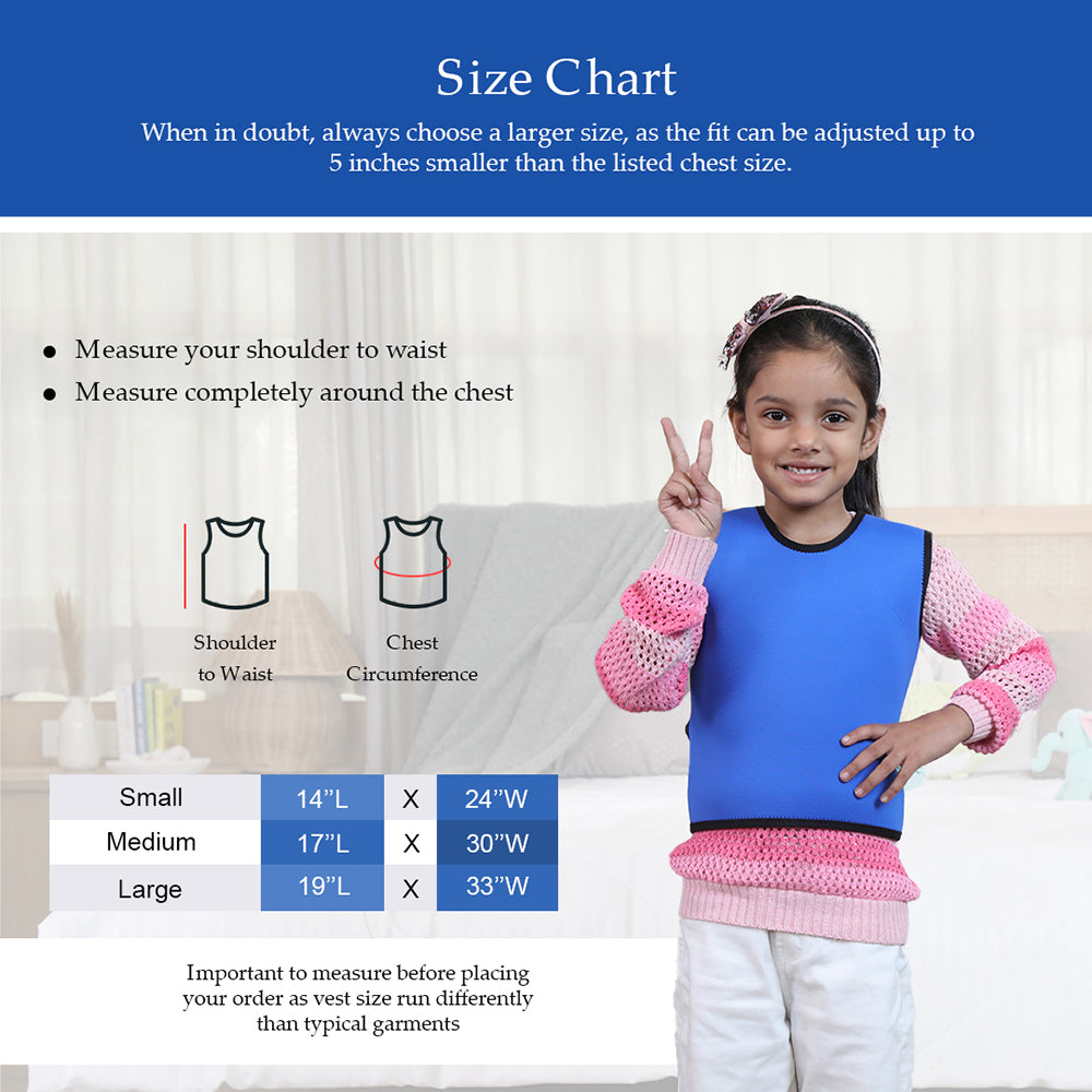 Ableys compression vest for sensory needs worn by smiling child with size chart and measurement guide