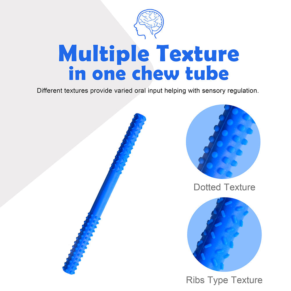 Ableys blue dual-textured chew tube for sensory needs showing dotted and ribbed textures for oral sensory regulation