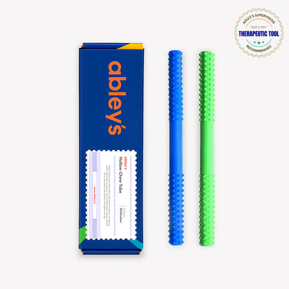 Ableys blue and green textured chew tubes beside branded box dual-textured chew tube for sensory needs