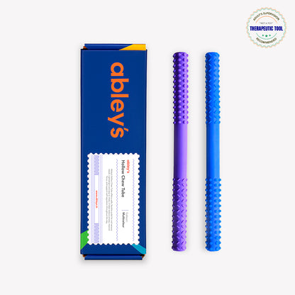 Ableys pack with two purple and blue dual-textured chew tube for sensory needs shown with branded box