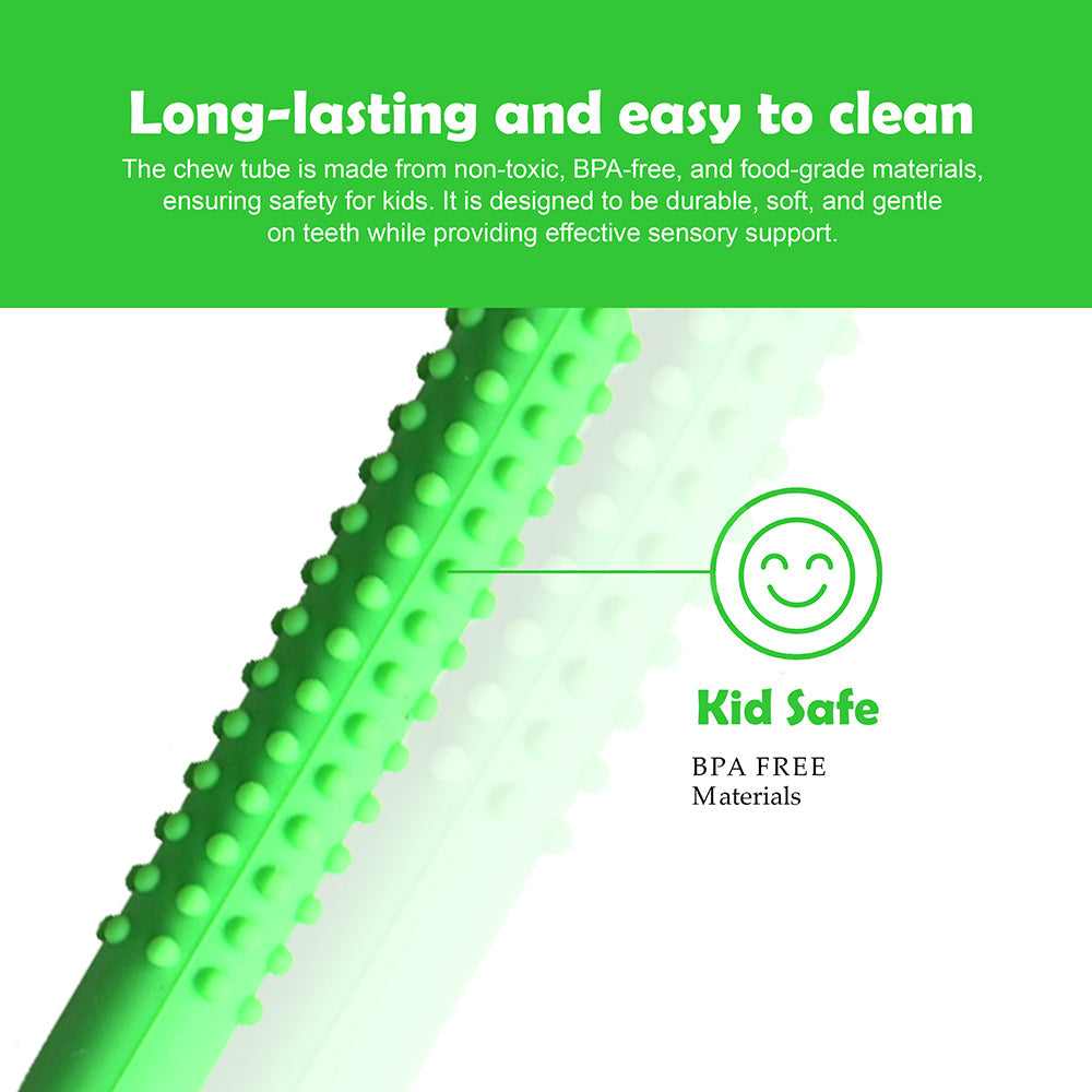 Ableys green dual-textured chew tube for sensory needs showing bumpy and smooth textures kid safe BPA free