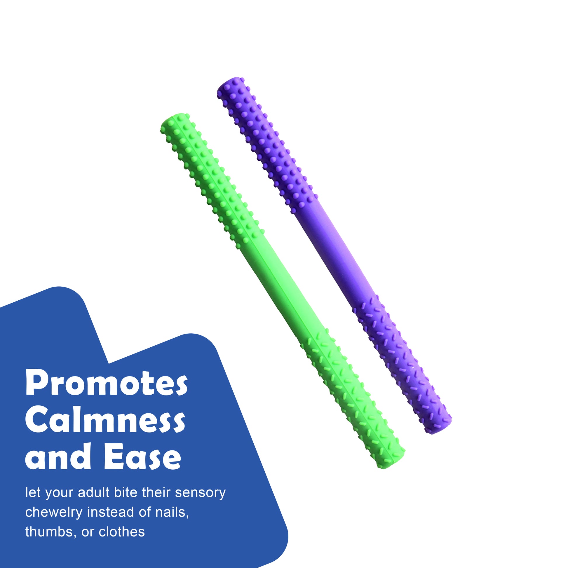 Ableys dual-textured chew tube for sensory needs green and purple with raised nubs for oral sensory chewing