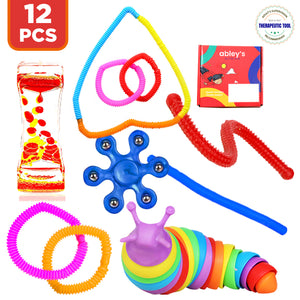 Ableys 12 piece sensory fidget box for anxiety and focus with colorful pop rings spinner stretchy tubes liquid timer