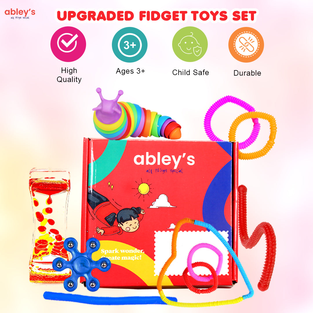 Ableys sensory fidget box with liquid motion timer stretchy coils spinner and caterpillar toys fidget box for anxiety and focus