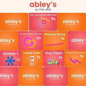 Ableys sensory fidget box with pop tubes stretchy string spinner liquid timer and slug fidget fidget box for anxiety and focus