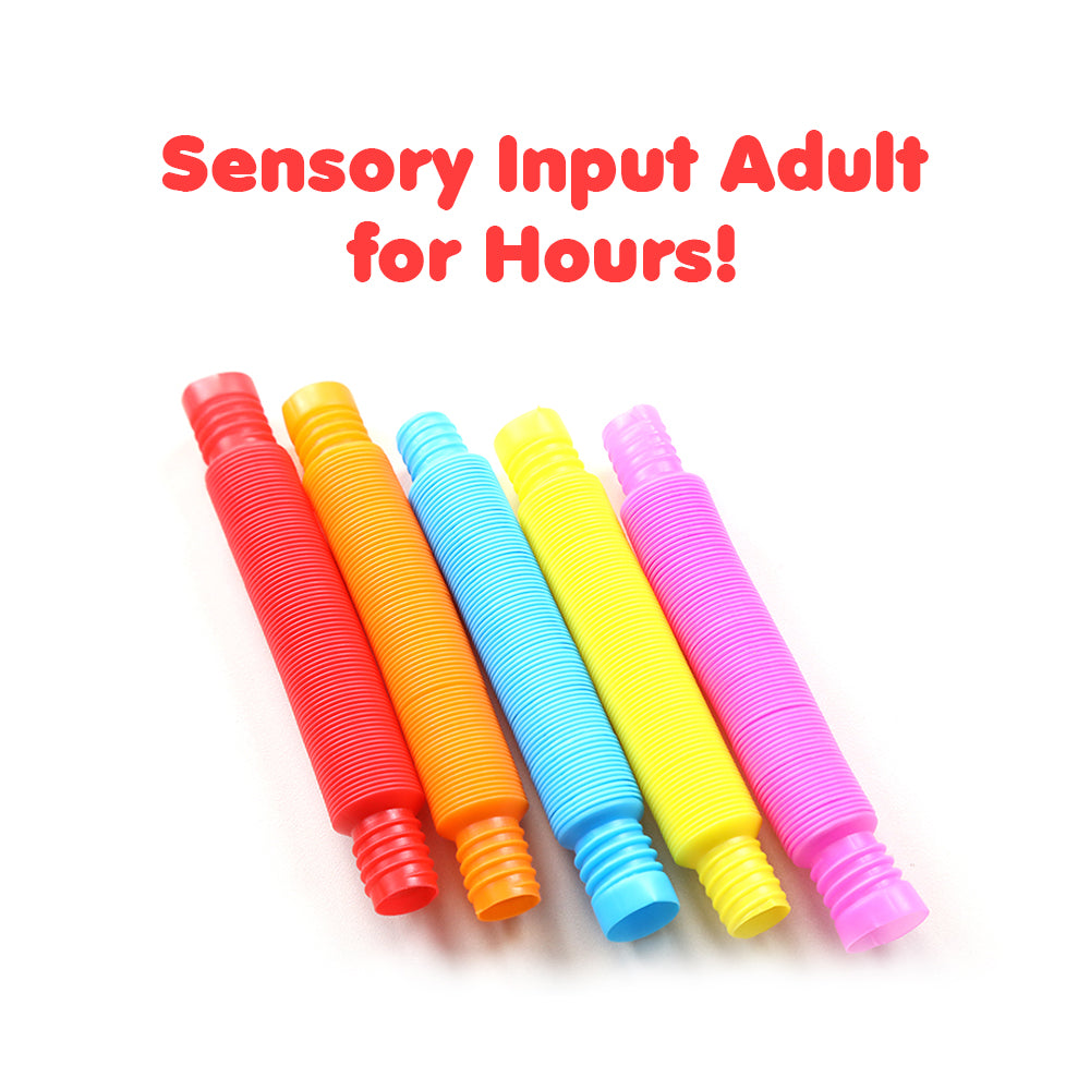 Five colorful bendable sensory fidget pop tubes 5 pack by Ableys ideal for adult sensory input and stress relief