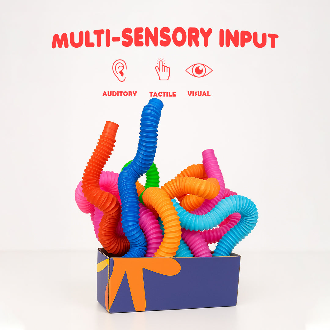 Ableys fidget pop tubes 5 pack colorful bendable sensory tubes in a box showing tactile auditory visual cues
