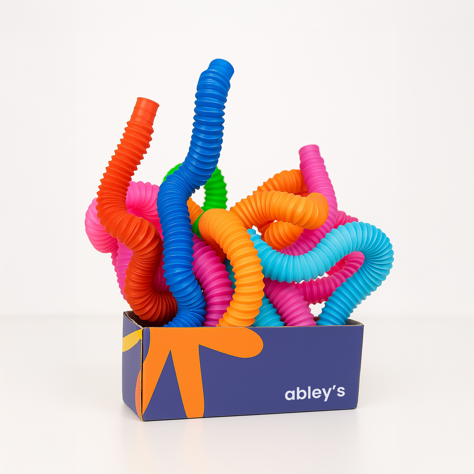 Ableys colorful flexible sensory fidget pop tubes 5 pack in blue branded box with bright orange and pink tubes