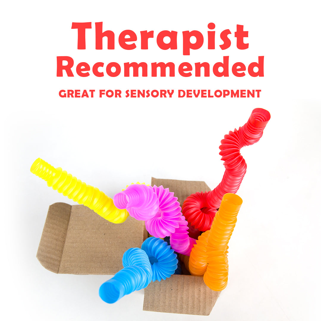 Ableys fidget pop tubes 5 pack colorful stretchy sensory tubes spilling from cardboard box therapist recommended