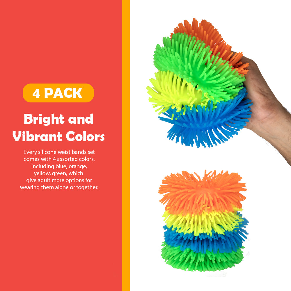 Ableys bright 4 pack of fuzzy sensory bracelets for kids in blue green yellow and orange held and stacked