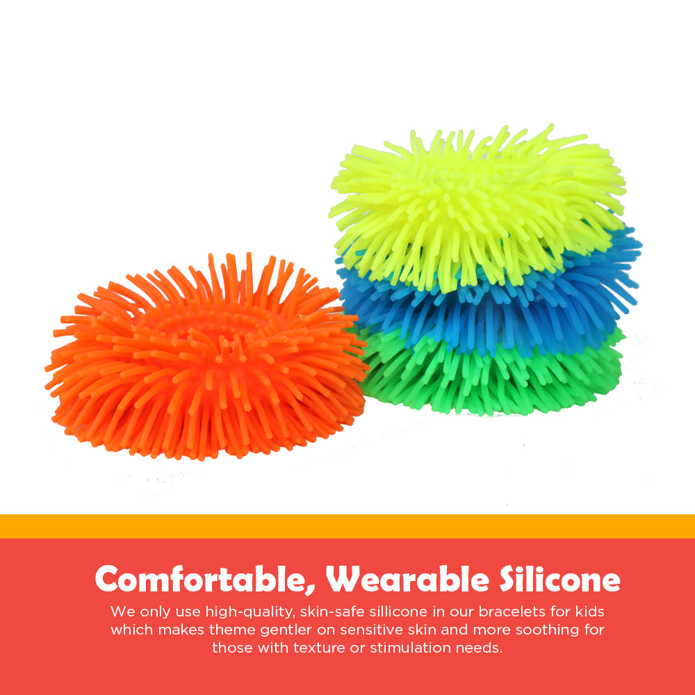 Ableys colorful silicone bracelet stack in orange green blue yellow fuzzy sensory bracelets for kids tactile toy