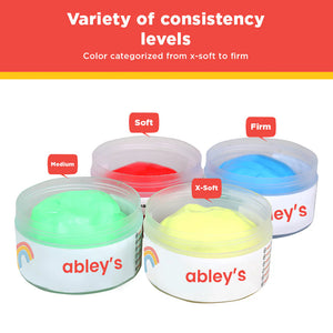 Four Ableys jars of colorful hand exercise putty set showing X Soft Soft Medium and Firm consistency levels