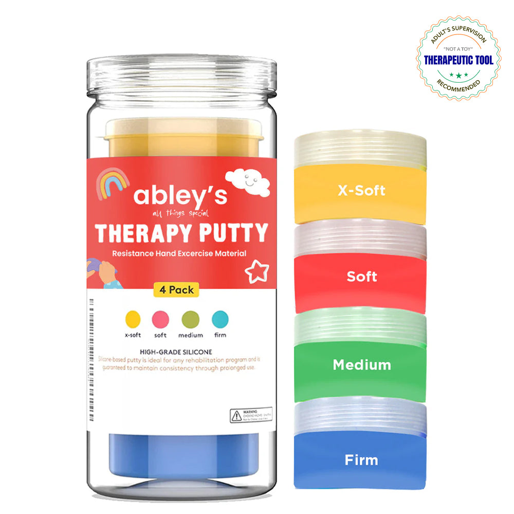 Ableys therapy putty jar with four colored tubs labeled X Soft Soft Medium Firm hand exercise putty set