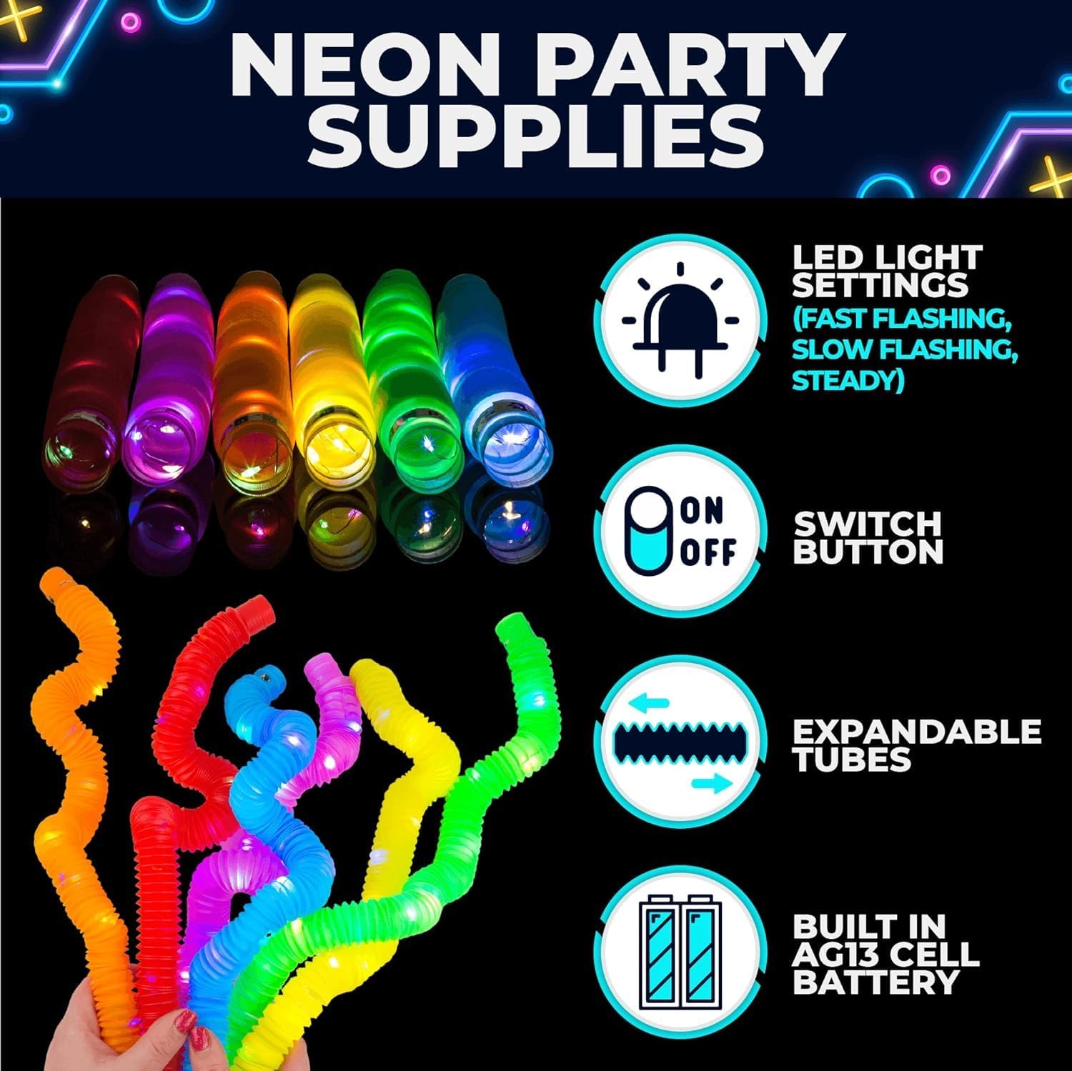 Ableys neon LED pop tubes sensory toys with colorful expandable light up tubes and on off switch