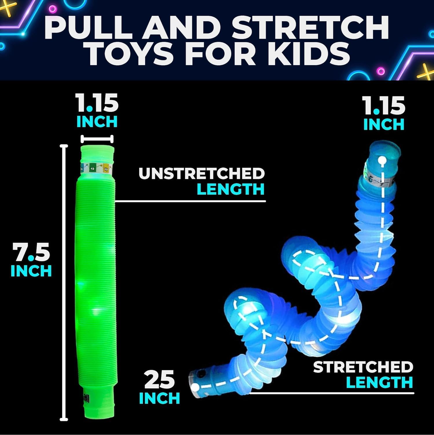 Ableys LED pop tubes sensory toys showing green and blue LED flexible tubes 7.5 inch unstretched 25 inch stretched