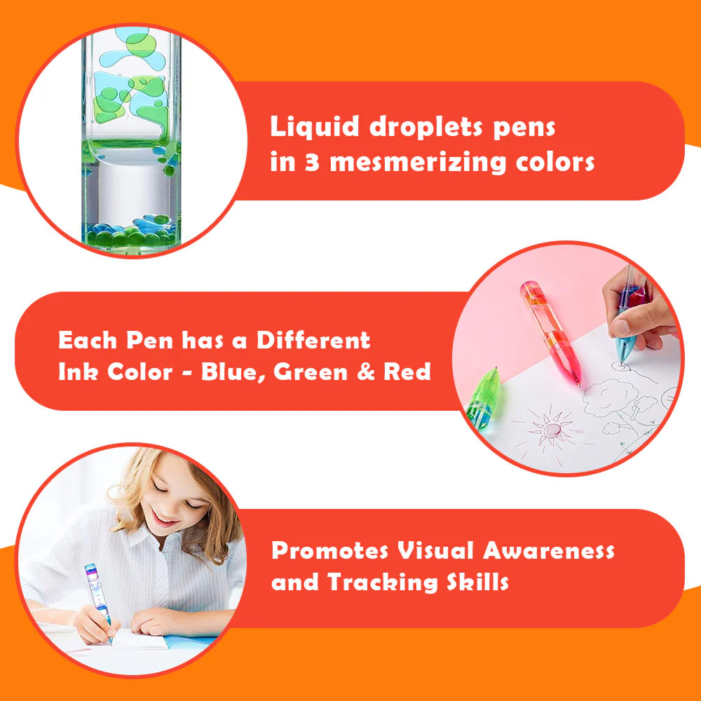 Ableys liquid motion pen fidget for anxiety showing three colorful droplet pens in blue green and red with writing demo