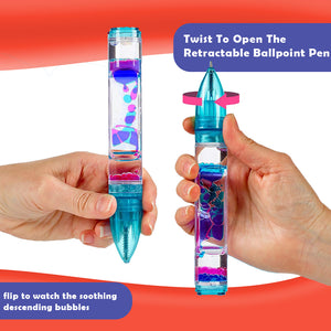 Ableys liquid motion pen fidget for anxiety turquoise retractable ballpoint showing descending purple and blue liquid bubbles