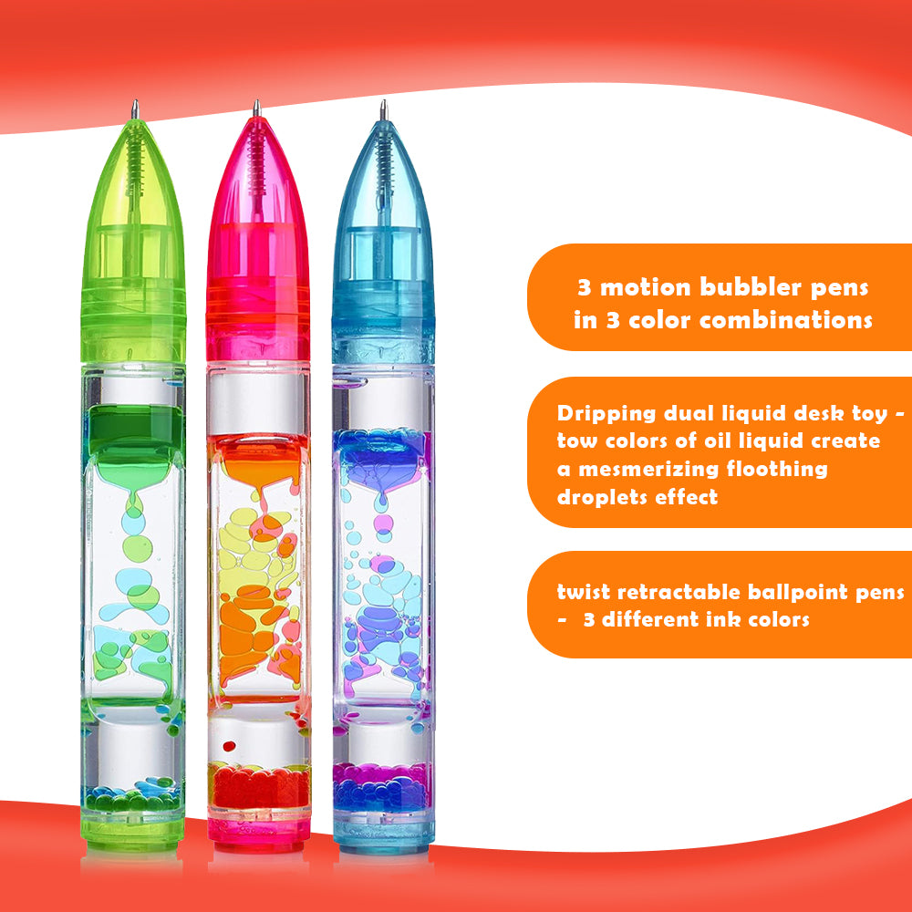 Ableys liquid motion pen fidget for anxiety set of three colorful retractable bubble pens with dual oil droplets