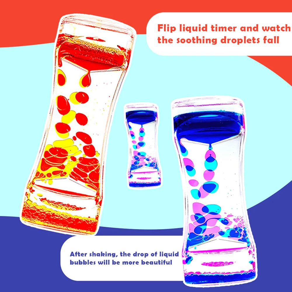 Ableys colorful liquid motion timer for kids set showing red yellow and blue pink droplet timers