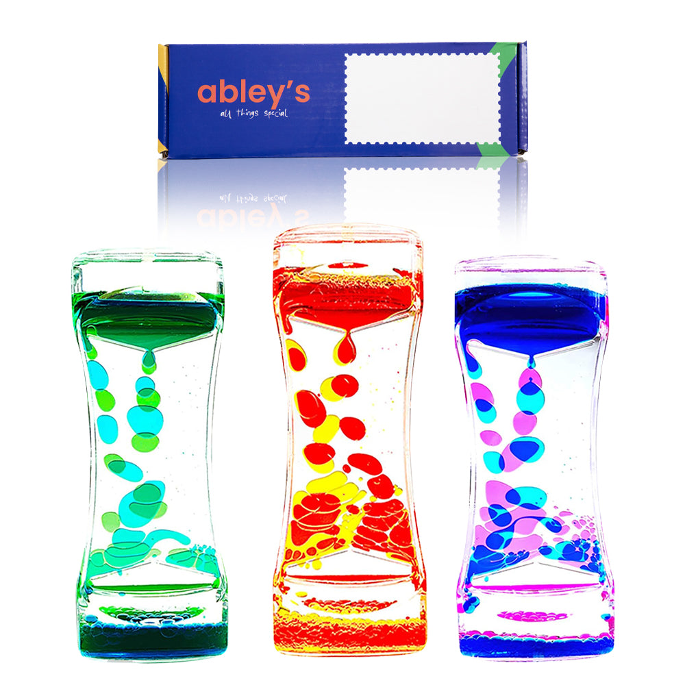 Ableys colorful set of three liquid motion timer for kids in green red and blue sensory calming toys
