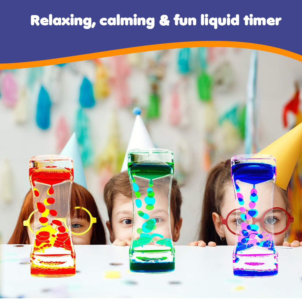 Ableys colorful red green and blue liquid motion timer for kids on table with three children wearing party hats