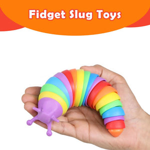 Ableys rainbow slug fidget toy held in hand showing colorful segmented silicone sensory squeeze toy
