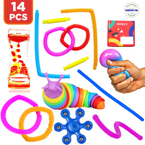 sensory fidget box for kids Ableys 14 piece set with squeeze ball liquid motion timer tangle tubes rings and spinner