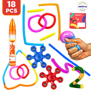Ableys colorful 18 piece sensory fidget box for kids with stress ball pop tubes and spinners