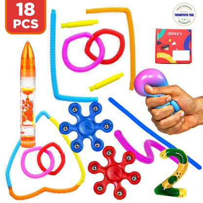 Ableys colorful 18 piece sensory fidget box for kids with stress ball pop tubes and spinners