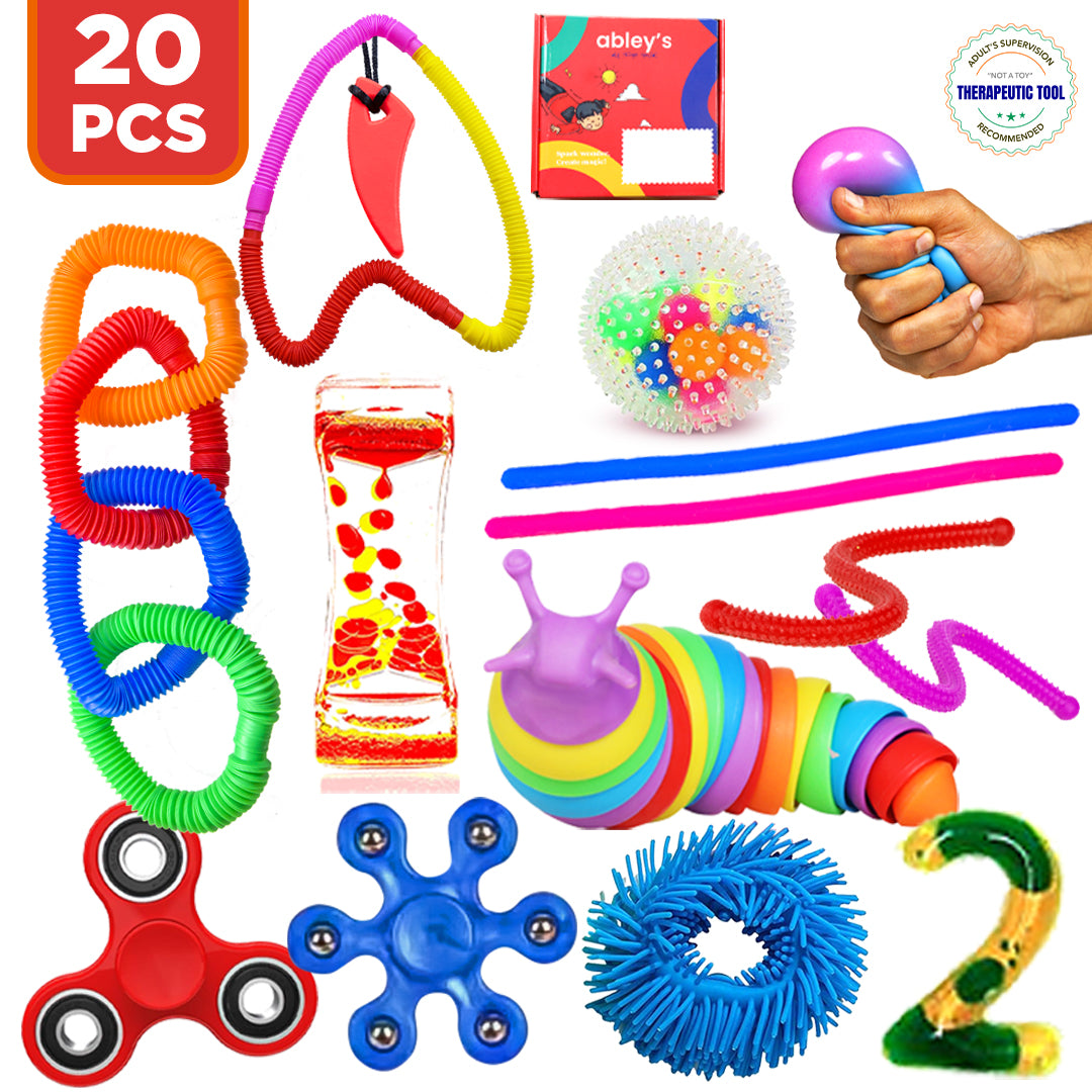 Ableys 20 piece sensory fidget box for kids with colorful spinners squishy balls stretchy tubes and tactile toys