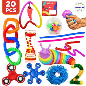 Ableys 20 piece sensory fidget box for kids with colorful spinners squishy balls stretchy tubes and tactile toys