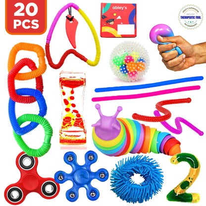 Ableys 20 piece sensory fidget box for kids with colorful spinners squishy balls stretchy tubes and tactile toys