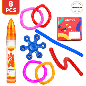 Ableys sensory fidget box for kids with 8 colorful tactile toys including liquid lava wand coil rings and spinner