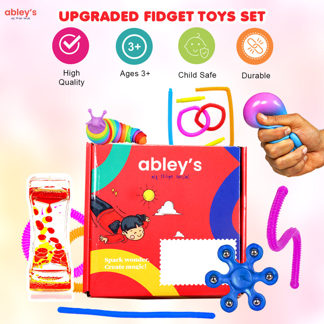 Ableys colorful sensory fidget box for kids with squishy ball liquid timer pop rings and tactile toys