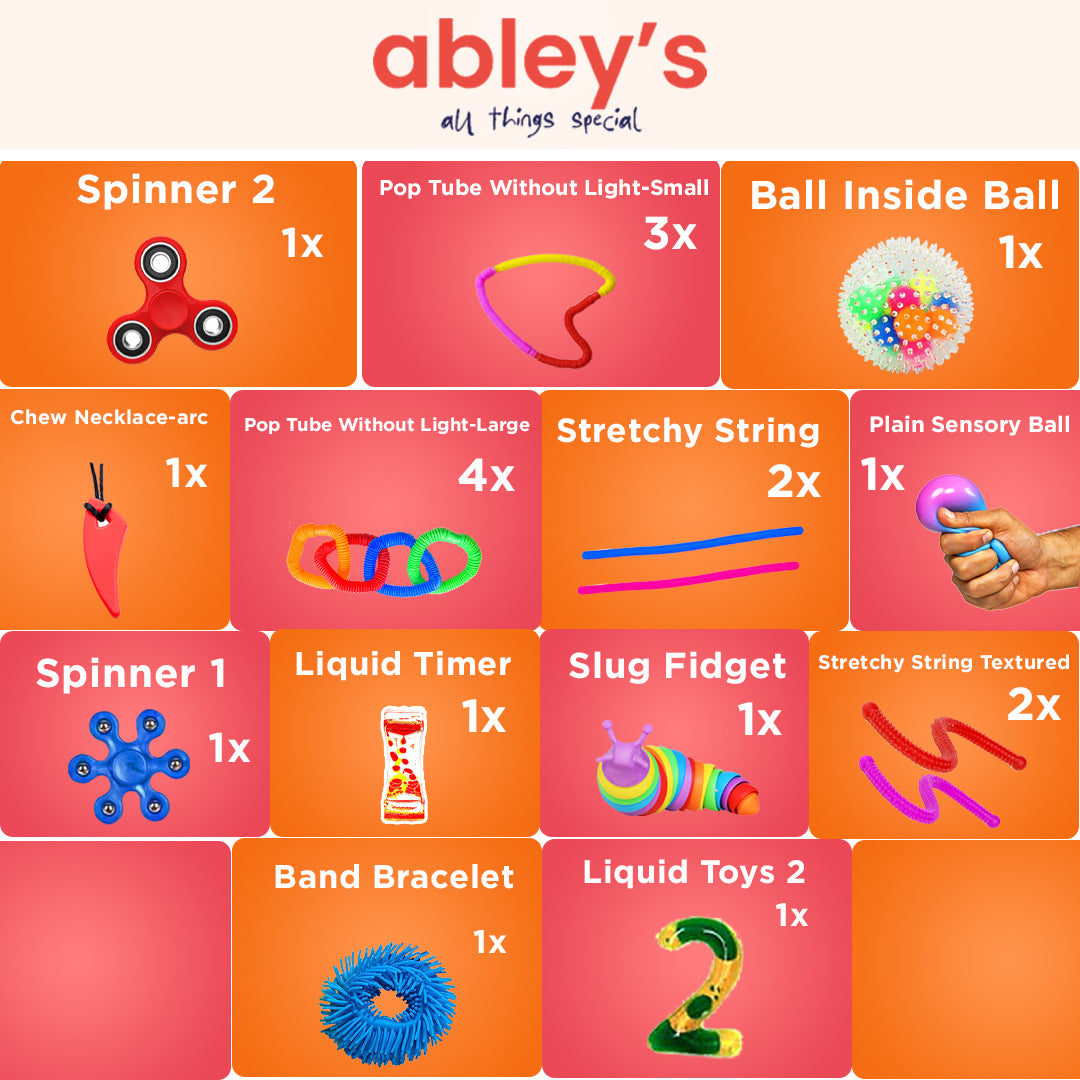Ableys sensory fidget box for kids containing assorted spinners pop tubes stretchy strings liquid timer balls