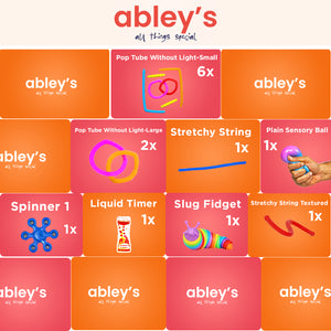 Ableys sensory fidget box for kids with pop tubes stretchy string spinner liquid timer slug ball