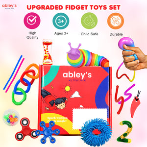 Ableys colorful sensory fidget box for kids with assorted tactile toys spinners squishy balls and stretchy tubes