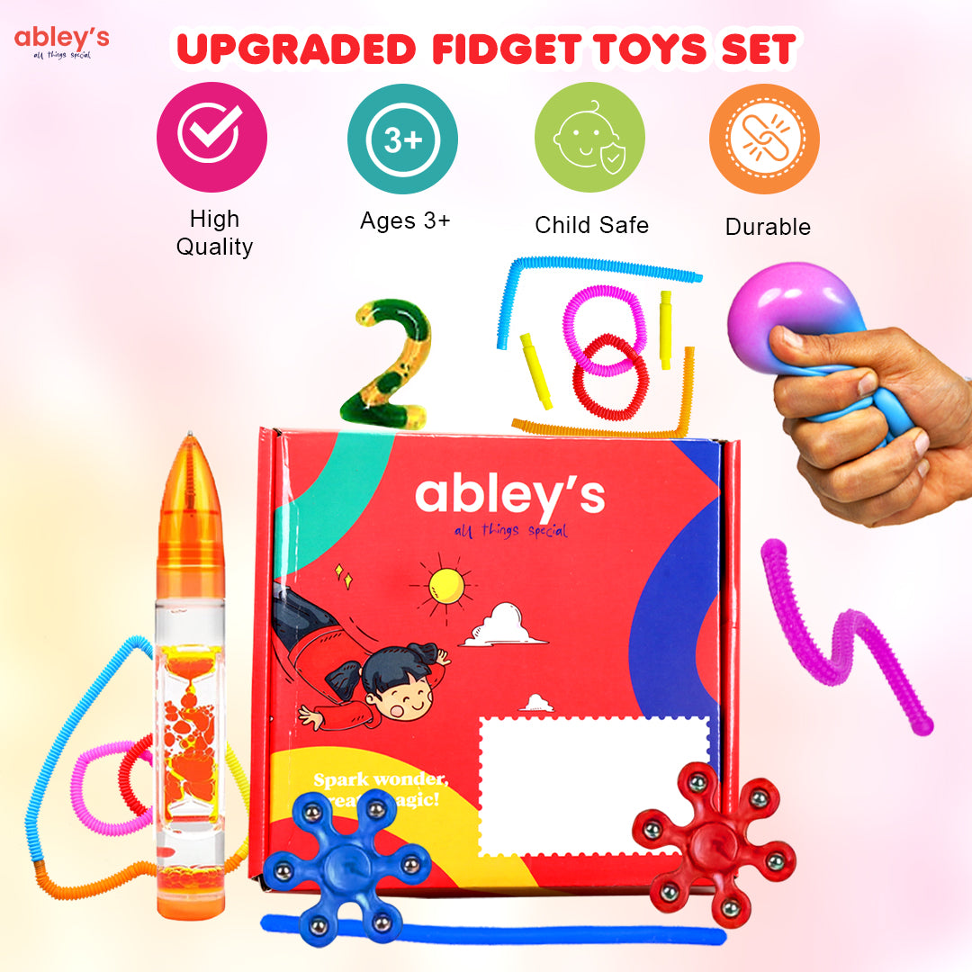Ableys sensory fidget box for kids with colorful squeeze ball liquid motion tube pop tubes and tactile fidget toys