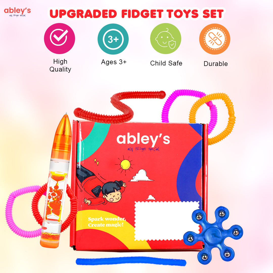 Ableys sensory fidget box for kids with red box, liquid motion rocket, pop tubes, blue spinner and noodle toy