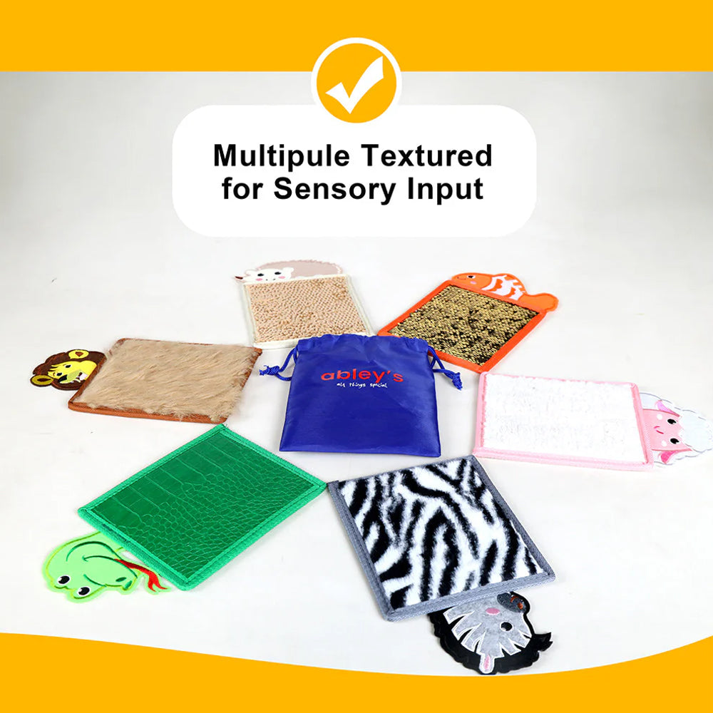 Ableys sensory mat for kids set of multiple textured animal shaped tactile pads with blue storage bag