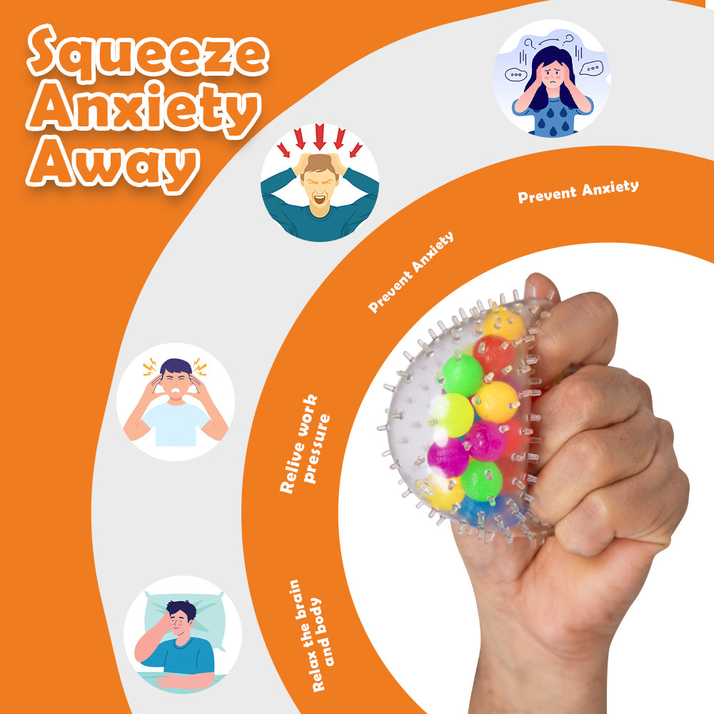 Ableys clear spiky squeeze balls for hand therapy with colorful beads squeezed in palm for stress relief