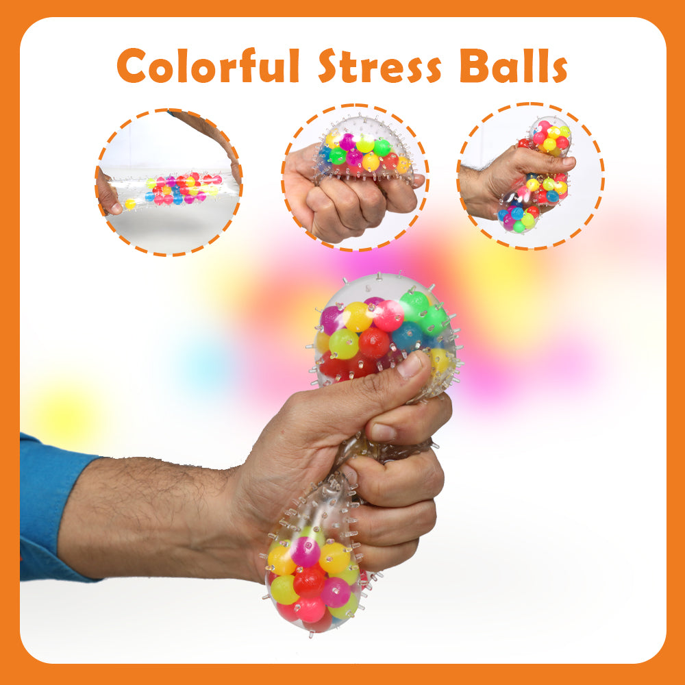Ableys colorful spiky squeeze balls for hand therapy being squeezed to relieve stress and strengthen grip